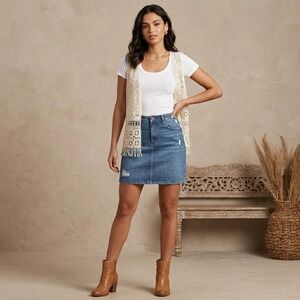 Old Navy Denim Mini Skirt Womens Size 2 Blue Jean Crochet Top Set Boho Stretch